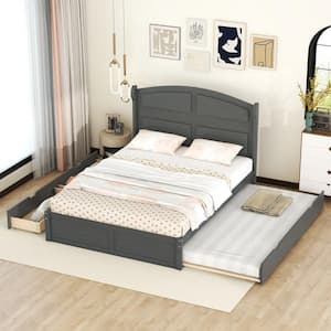 Modern Antique Gray Wood Frame Queen Size Platform Bed with 2-Drawer and Twin Size Trundle