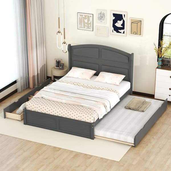 Harper & Bright Designs Modern Antique Gray Wood Frame Queen Size Platform Bed with 2-Drawer and Twin Size Trundle
