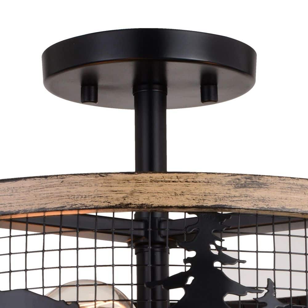 Kodiak Rustic Black and Teak 16" Drum Ceiling Light