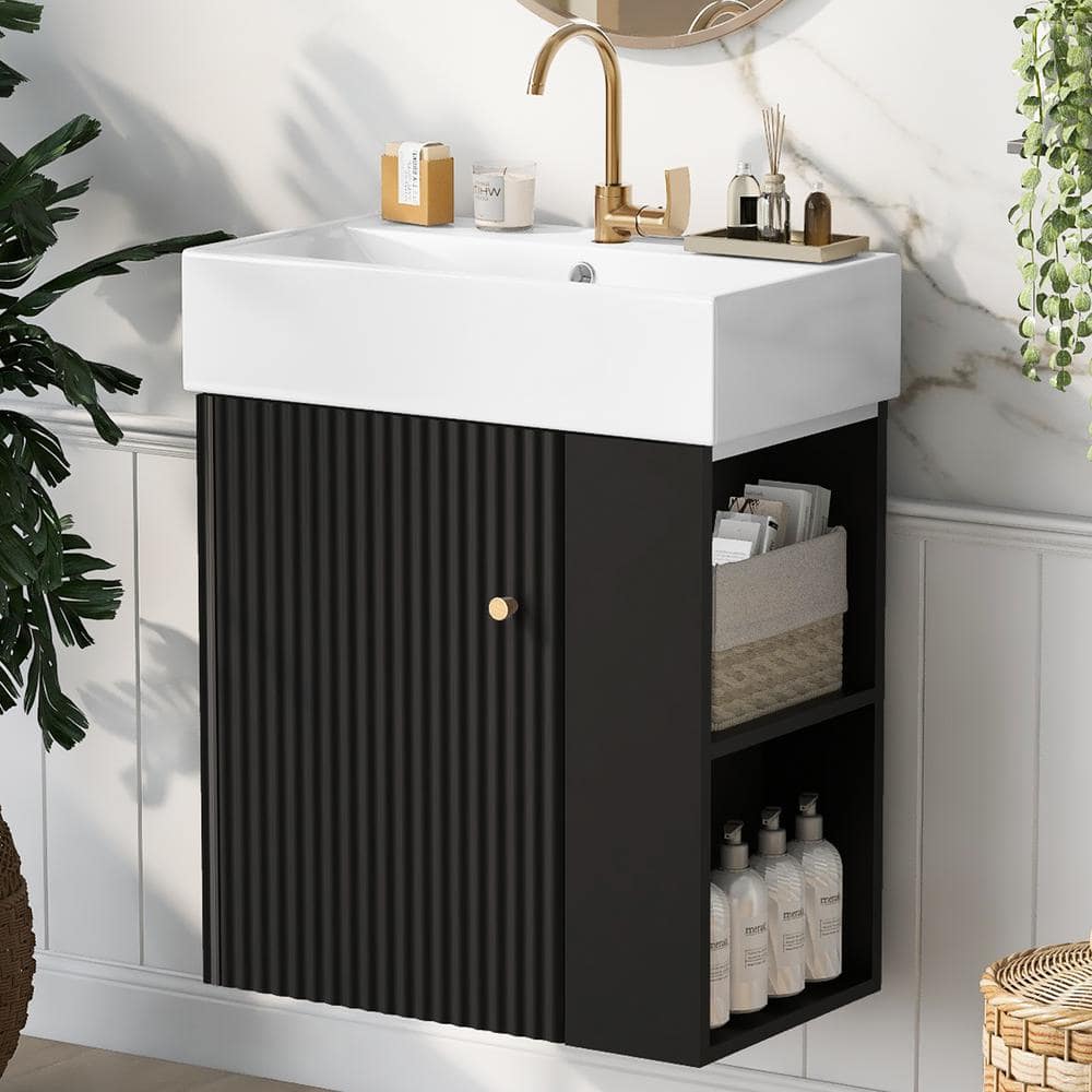 Black 21.6 in. W Modern Floating Bathroom Vanity with Ceramic Basin - Perfe