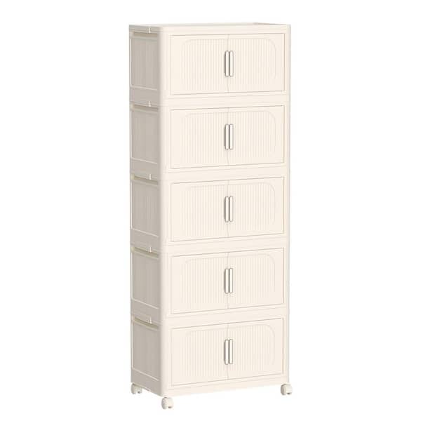 Tileon 5 Tiers Kitchen Pantry, Folding Storage Cabinet, Collapsible Storage Bins with Magnetic Door and Wheels in Cream White