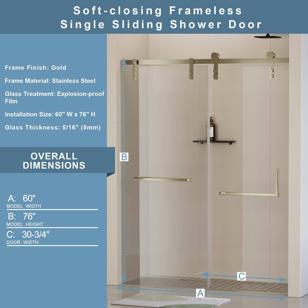 Gold Frameless Single Sliding Shower Door with Clear Tempered Glass