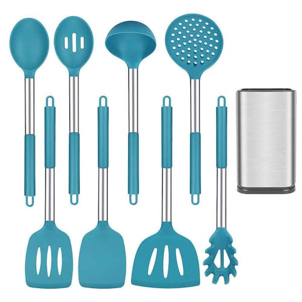 Silicone Gray Stainless Steel Cooking Utensil Set Heat Resistant Nonstick Kitchen Tools with Holder 8-Piece