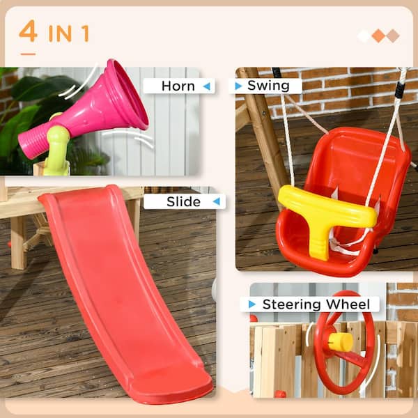 Red 4 in 1 Wooden Swing Set with Baby Swing Seat, Toddler