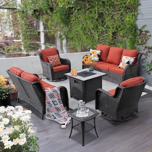 Pluto Brown 6-Piece Wicker Patio Fire Pit Set with Orange Red Cushions and Swivel Rocking Chairs