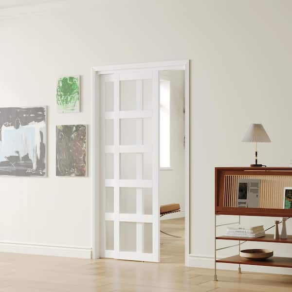 48in x 80in, MDF, Solid Core, White Double Slide Frosted Glass, 5 Panel Sliding Door with All Hardware