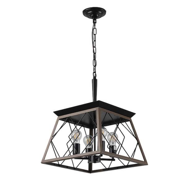 FIRHOT 15.7 in. 4-Light Vintage Walnut Farmhouse Linear Chandelier Fixture For Kitchen Dining Room with Caged Metal Shade