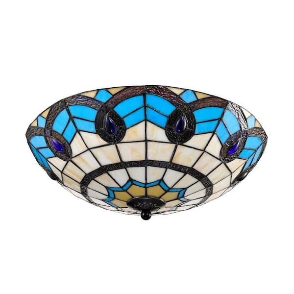 OUKANING 15.7 in. 3-Light Multicolored Mosaic Tiffany Flush Mount