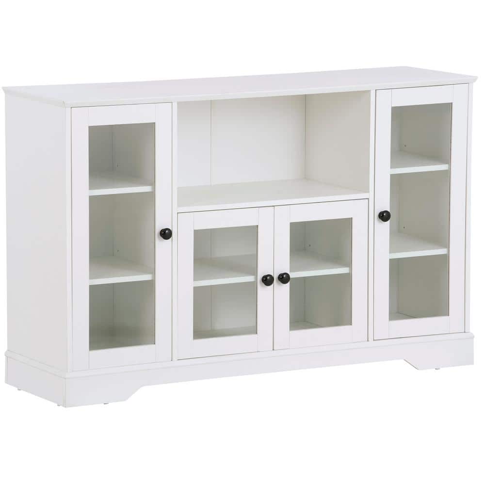 51.9 in. W x 15.7 in. D x 33.4 in. H White Linen Cabinet with Glass Doors, Adjustable Shelves and Open Shelf
