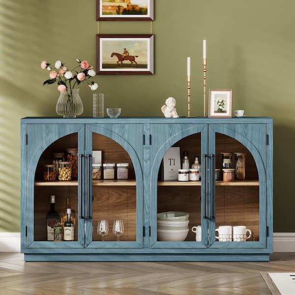 Retro Navy Solid Wood 60 in. Sideboard Buffet Cabinet with 4