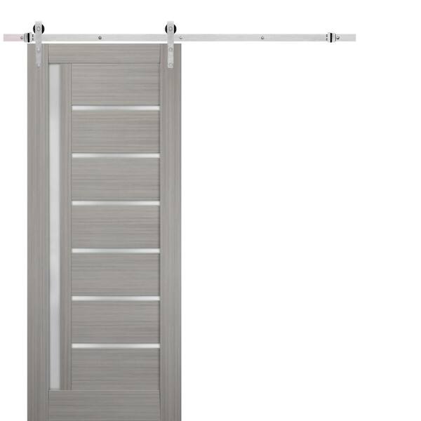 32 in. x 96 in. 1 Panel Frosted Glass Gray Ash Solid MDF Sliding Barn Door with Hardware Kit