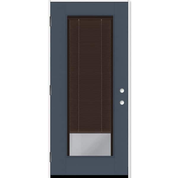 Legacy 28 in. x 77 in. Full Lite Clear Glass Mocha Miniblind RHOS Dark Denim Fiberglass Prehung Door w/6-9/16 in. Jamb