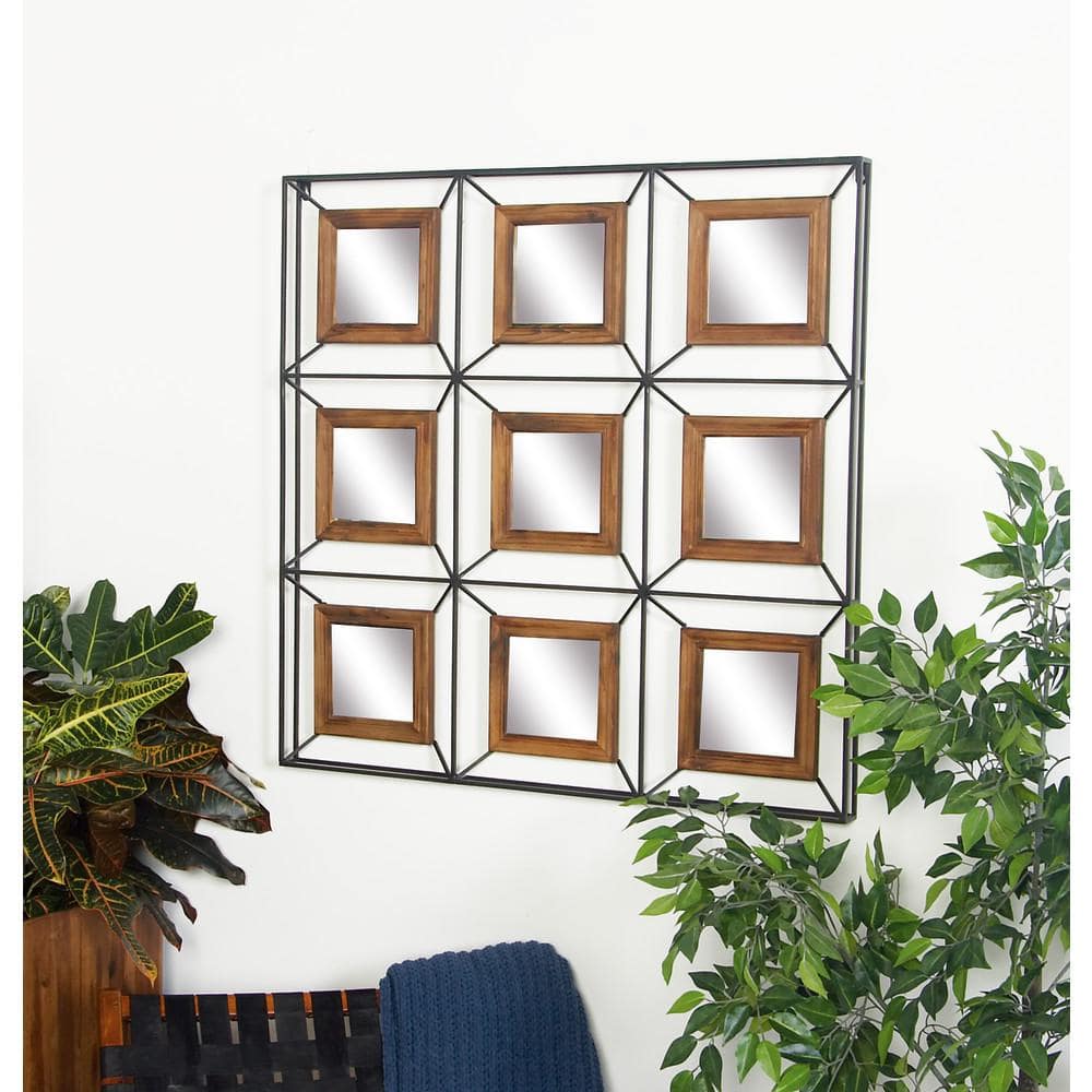 Square Wood and Iron Grid Wall Mirror