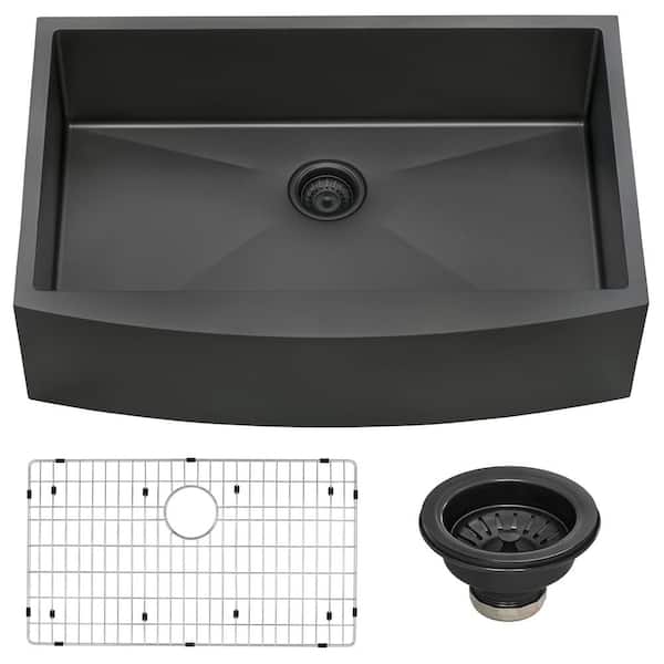 Terraza 36 in. Apron-Front Farmhouse Single Bowl 16-Gauge Stainless Steel Kitchen Sink in Gunmetal Black