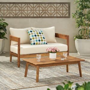 2-Piece Wood Outdoor Loveseat with Coffee Table and Beige Cushion for Outdoor and Garden Lawn