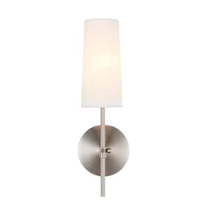 Timeless Home Mercy 4.75 in. W x 15.5 in. H 1-Light Burnished Nickel and White Shade Wall Sconce