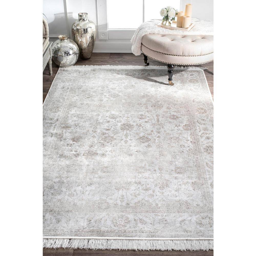 Ivory Floral Rectangular Viscose Area Rug with Fringe, 5' x 8'
