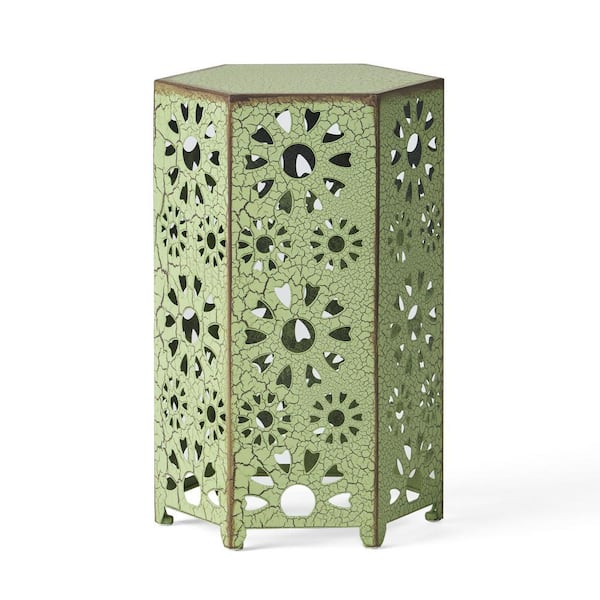 12 in. x 10 in. x 18 in. Crackle Green Metal Outdoor Hexagon Side Table Accent Table for Balcony, Porch, Lawn