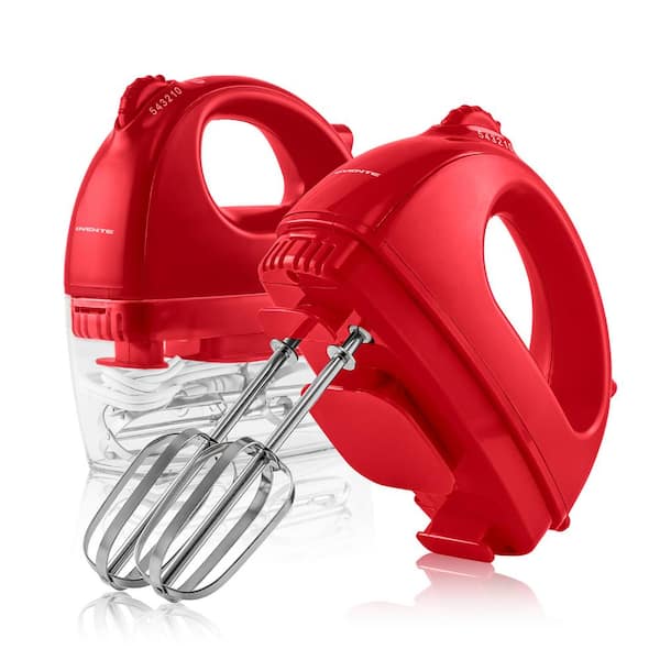 OVENTE 5-Speed Red Portable Electric Hand Mixer with 2-Chrome Beater Attachments and Snap-on Storage Container