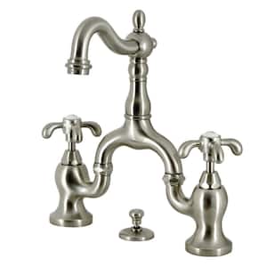 French Country 8 in. Widespread 2-Handle Bridge Bathroom Faucets with Brass Pop-Up in Brushed Nickel