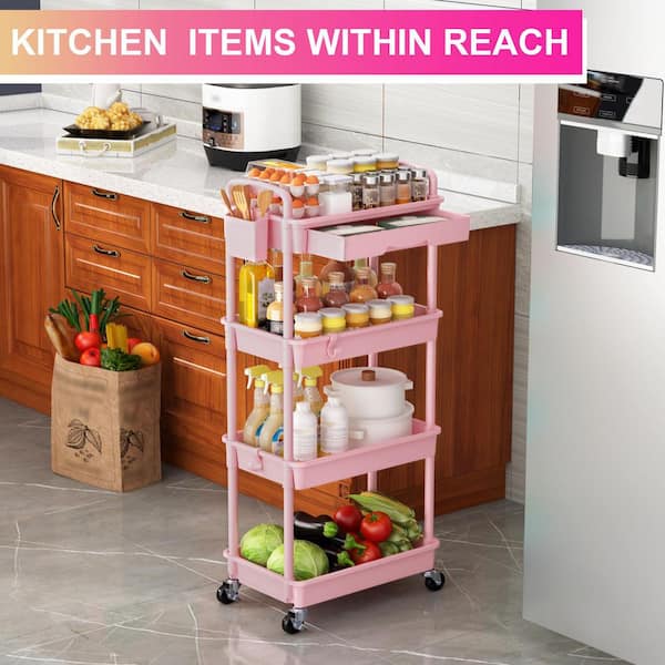 Wudkey 4-Tier Pink Pantry Organizer with Removable Drawer and 2