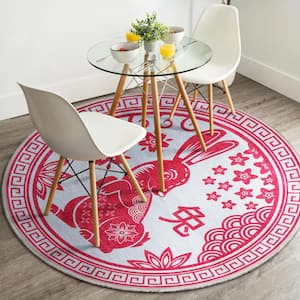 Apollo Chinese Calendar Novelty Lunar New Year Red 7 ft. 10 in. x 7 ft. 10 in. Round Area Rug