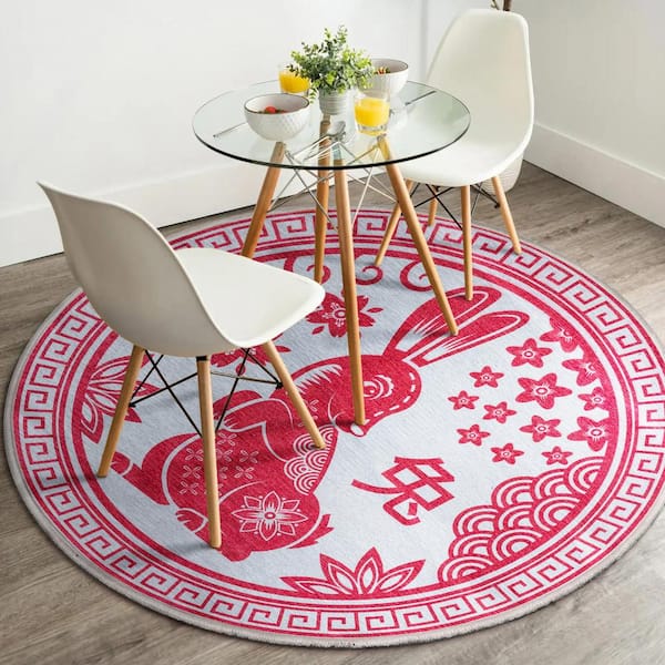 Apollo Chinese Calendar Novelty Lunar New Year Red 7 ft. 10 in. x 7 ft. 10 in. Round Area Rug