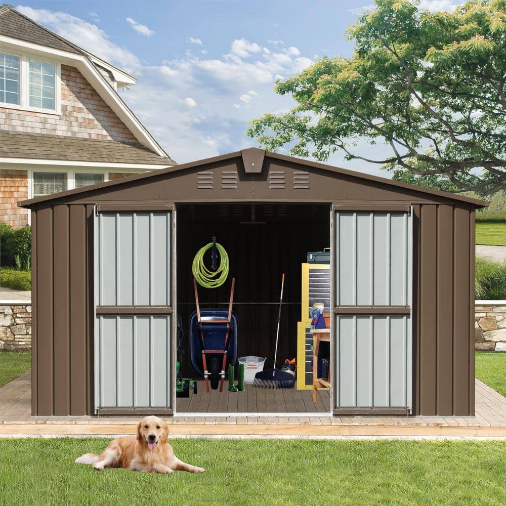 11 ft. x 12.5 ft. Outdoor Heavy-Duty Metal Tool Storage Shed with Lockable Doors and Windows, Brown price history on PriceWatchPro