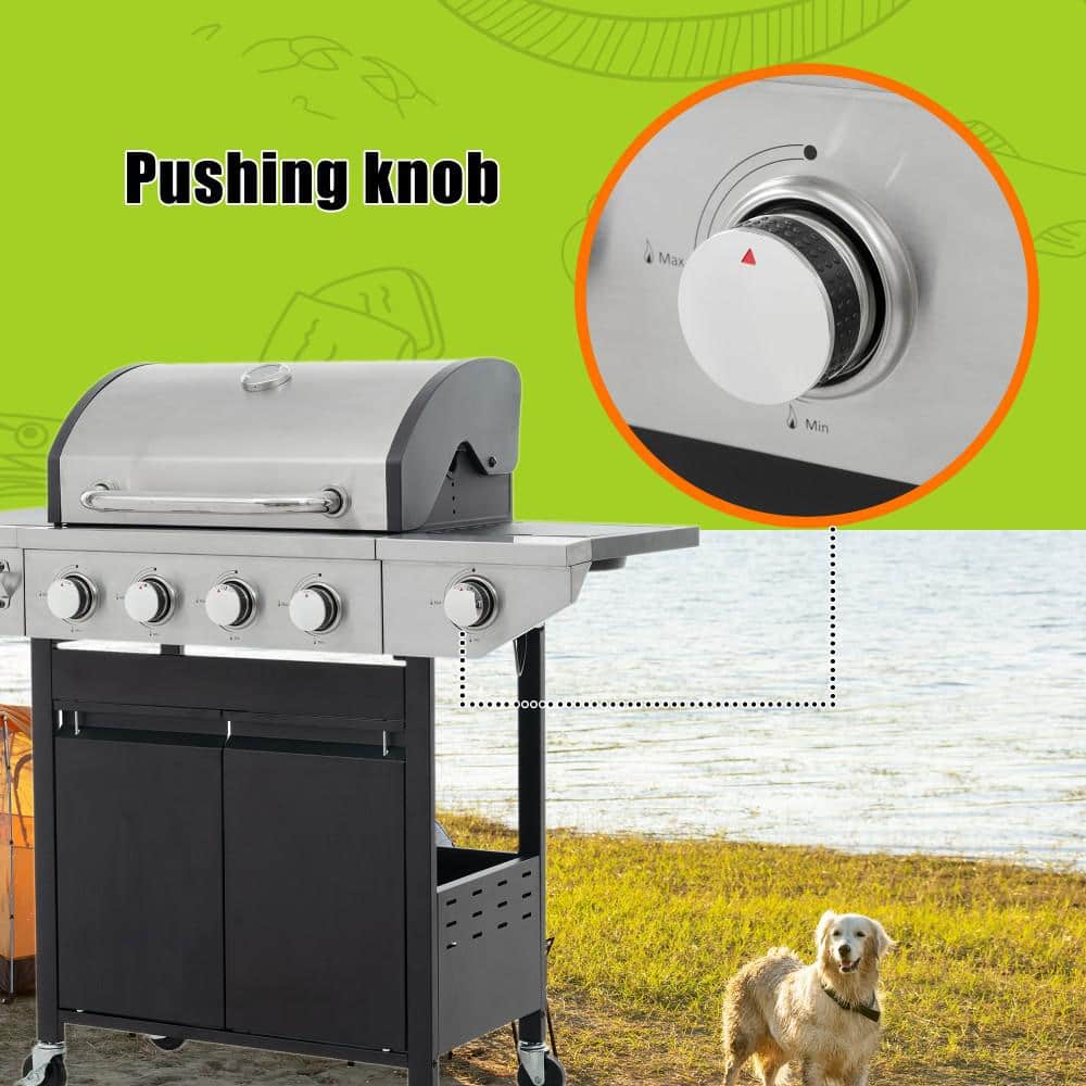 Stainless Steel 4-Burner Propane Gas Grill with Side Burner