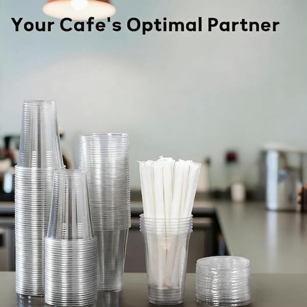 Esepony 16 oz. Disposable Plastic Cups with Lids and Straws for Cold, Coffee, Iced Tea, Milkshakes, Smoothies, Clear (50-Pack)