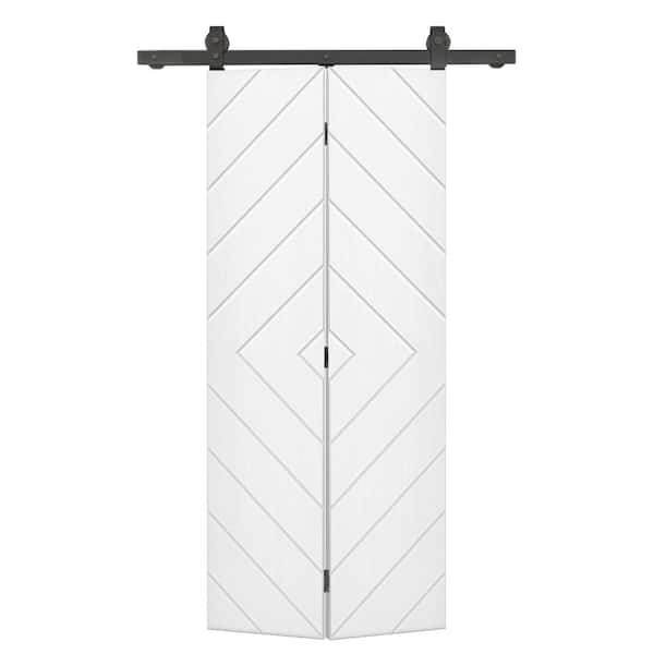 CALHOME Diamond 28 in. x 84 in. Hollow Core White Painted MDF Composite Bi-Fold Barn Door with Sliding Hardware Kit