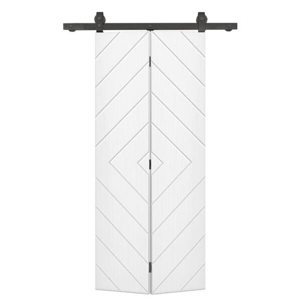 CALHOME Diamond 36 in. x 84 in. Hollow Core White Painted MDF Composite Bi-Fold Barn Door with Sliding Hardware Kit