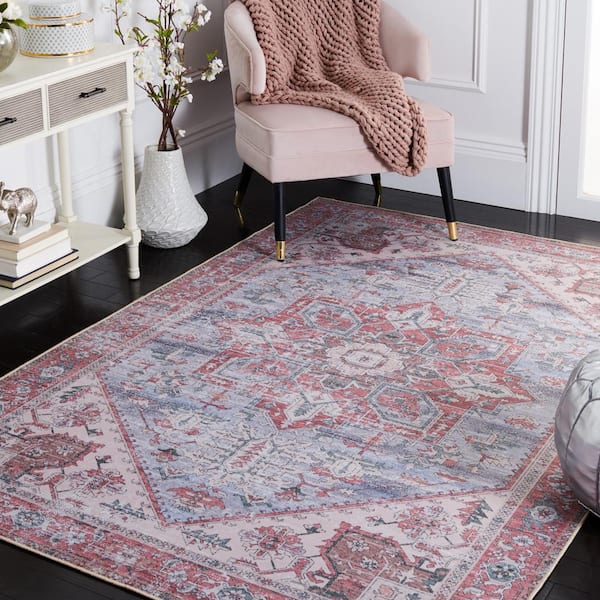 Tuscon Gray Blue/Rust 9 ft. x 12 ft. Machine Washable Border Distressed Area Rug