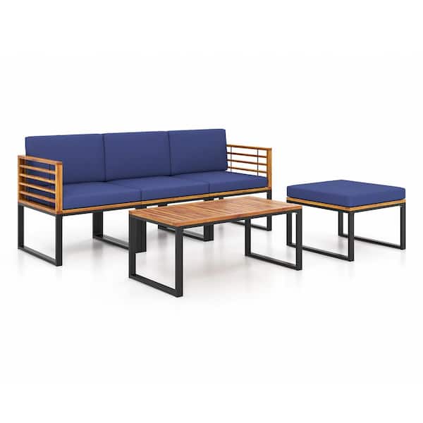 Costway 5-Piece Acacia Wood Patio Conversation Chair Set Chair Set Ottoman and Coffee Table with Navy Cushions