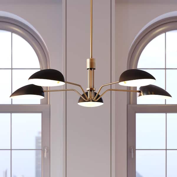 Generation Lighting - Jane 5-Light Matte Black and Burnished Brass Mid-Century Modern Hanging Chandelier