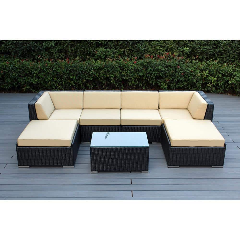 Black Wicker with Beige Cushions No Assembly with Free Patio Cover Ohana 6-Piece Outdoor Patio Furniture Sectional Conversation Set 