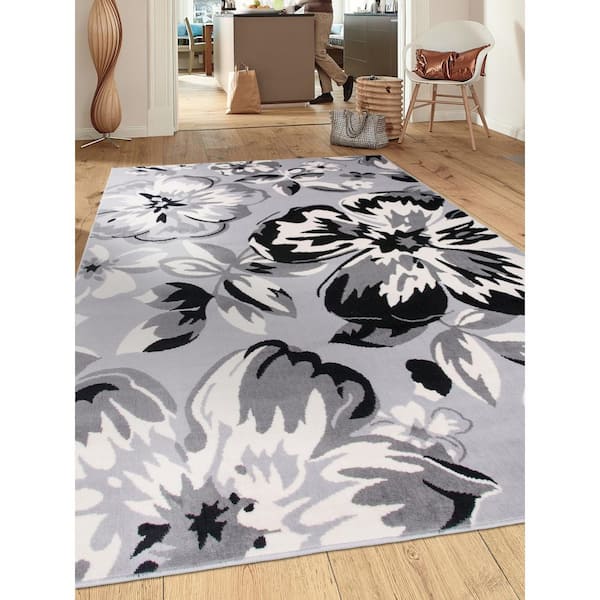 World Rug Gallery Contemporary Floral Nonslip (NonSkid) Gray 5'3 inch x 7'3 inch Indoor Area Rug