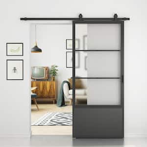 37 in. x 84 in. 3/4 Lites Frosted Glass Black Steel Frame Interior Barn Door with Sliding Hardware Kit and Door Handle