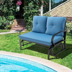2-Person Metal Outdoor Patio Glider Bench Swing Seat Bench with Seat and Back Blue Cushions