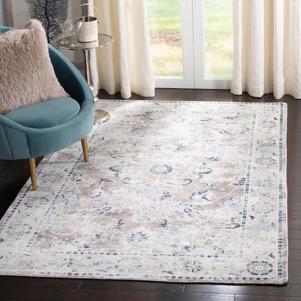 Mirage 8 ft. x 10 ft. Blue/Charcoal Distressed Floral Border Area Rug