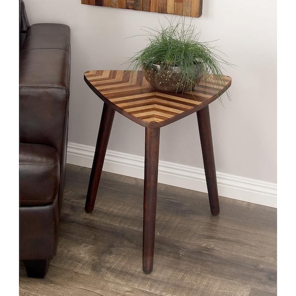 Litton Lane 21 in. Brown Handmade Large Triangle Wood End Accent Table with Wood Inlay