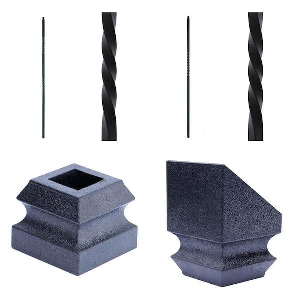 44 in. x 1/2 in. Matte Black Double Twist Iron Baluster, Single Twist Baluster, Flat Shoe, and Angle Shoe Combo