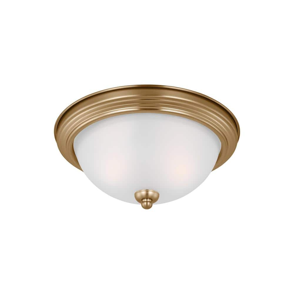 Satin Brass Geary 2-Light Flush Mount with Etched Glass Shade