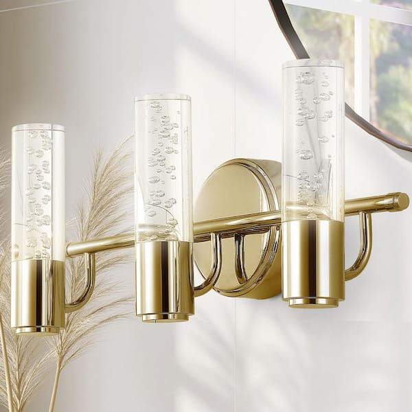 JONATHAN Y Bolha 18 in. 3-Light Brass Gold Minimalist Modern Bubble Acrylic/Iron Integrated LED Vanity Light