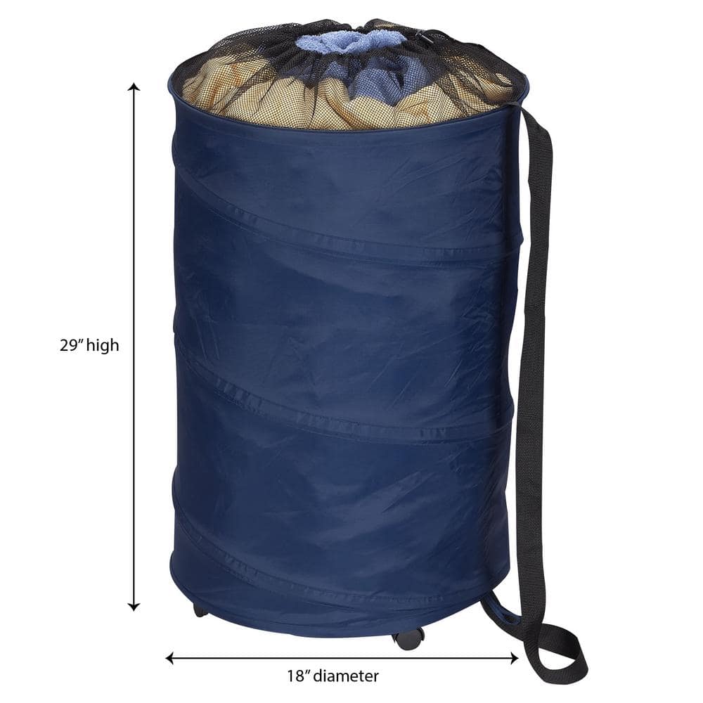 Blue Collapsible Upright Hamper with Wheels and Strap