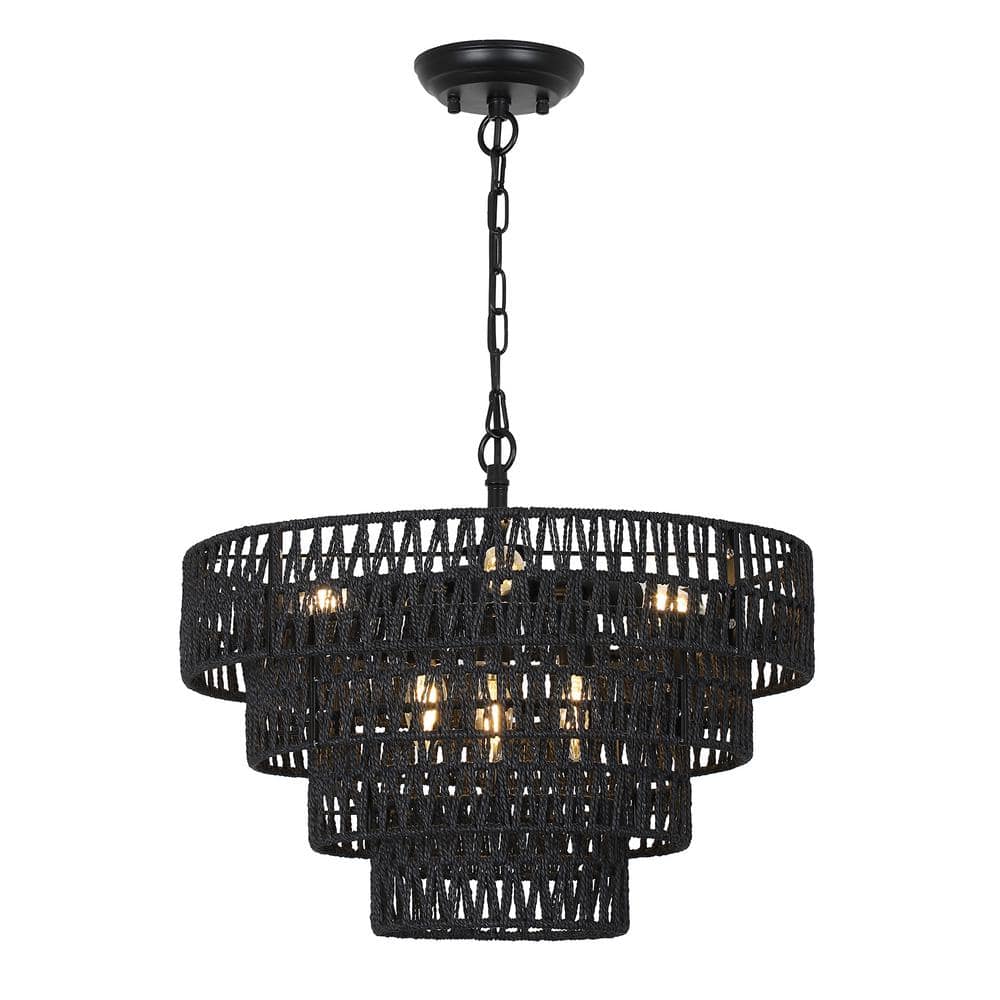 6-Light Black Bohemian Drum Hanging Pendant Light with 4-Tier Woven Shade, 