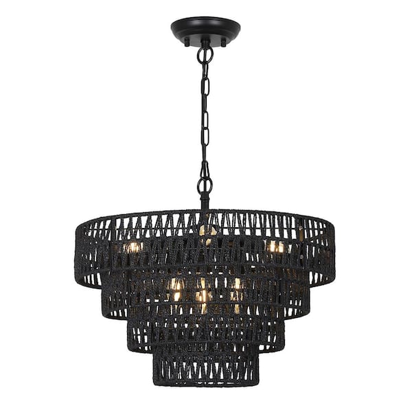 Jushua 6-Light Black Bohemian Drum Hanging Pendant Light with 4-Tier Woven Shade, No Bulbs Included