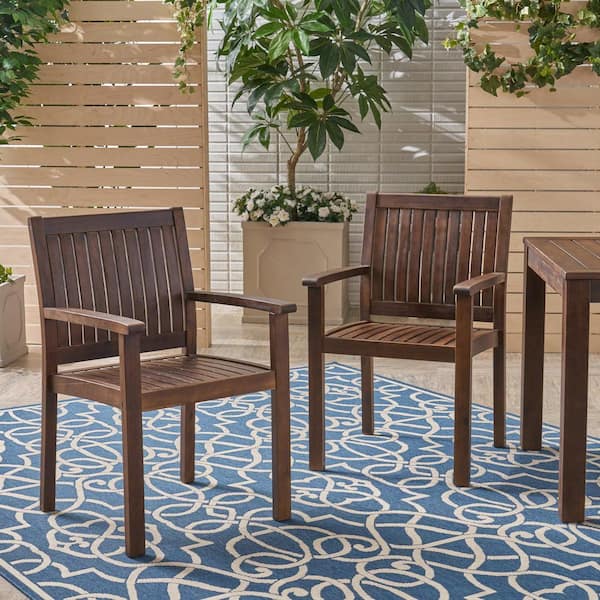Dark Brown Acacia Wood Outdoor Dining Chair Set of 2