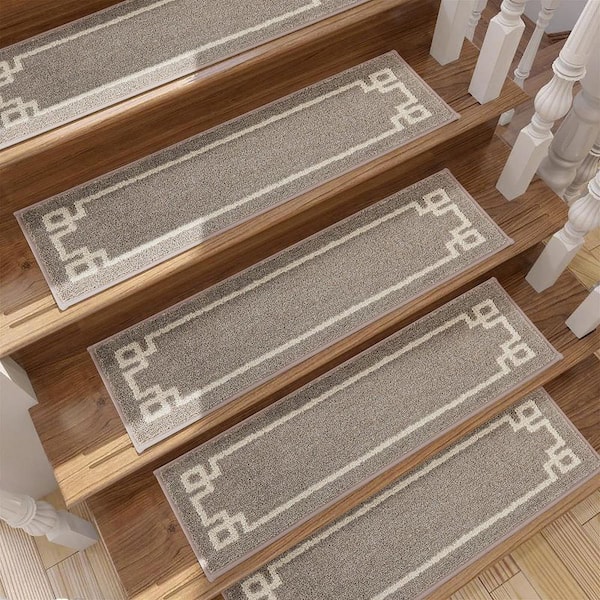 Taupe 9 in. x 28 in. Polyester Stair Tread Cover Set of 15 Non Slip Washable Reusable Indoor Carpet