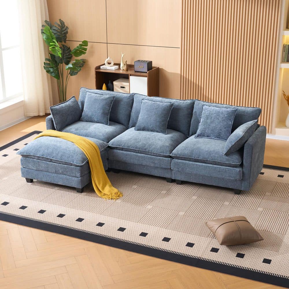 Hannah 94.4 in. Polyester Upholstery L-Shaped Sectional Sofa in. Blue with Storage Ottoman